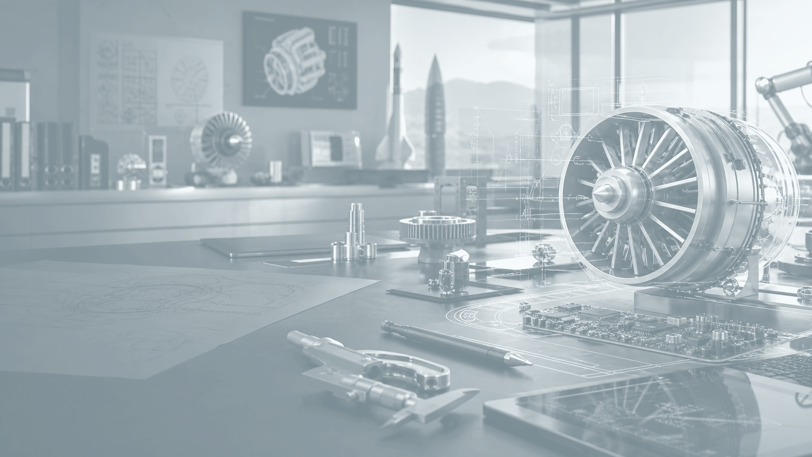 Engineering workspace with mechanical components and technical analysis