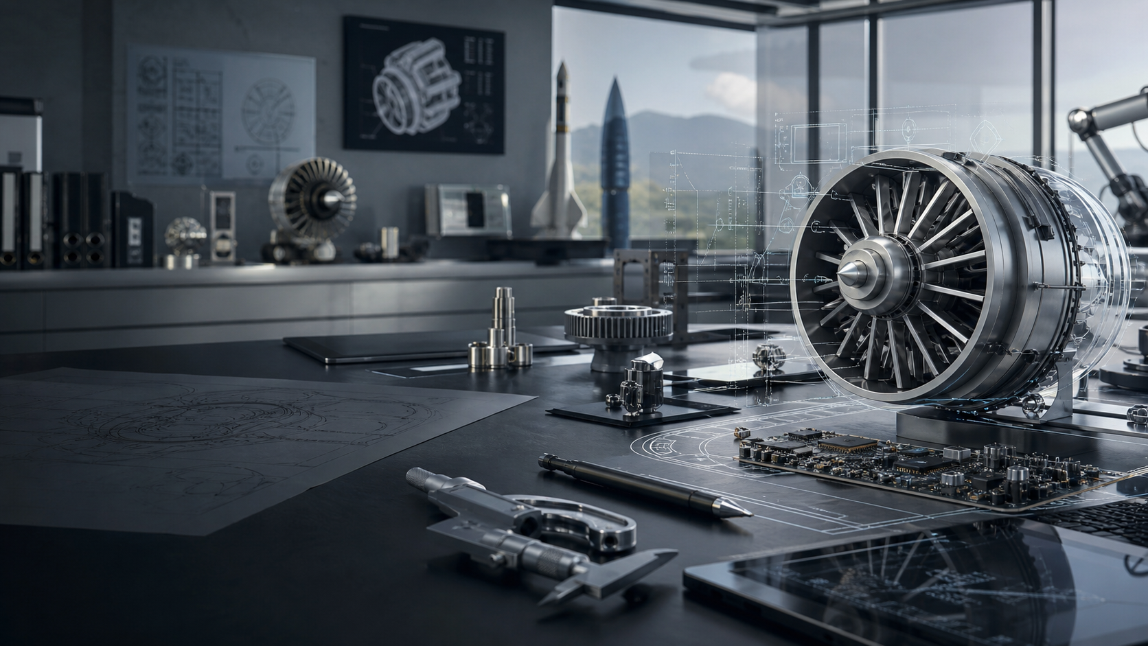Engineering workspace with mechanical components and technical analysis